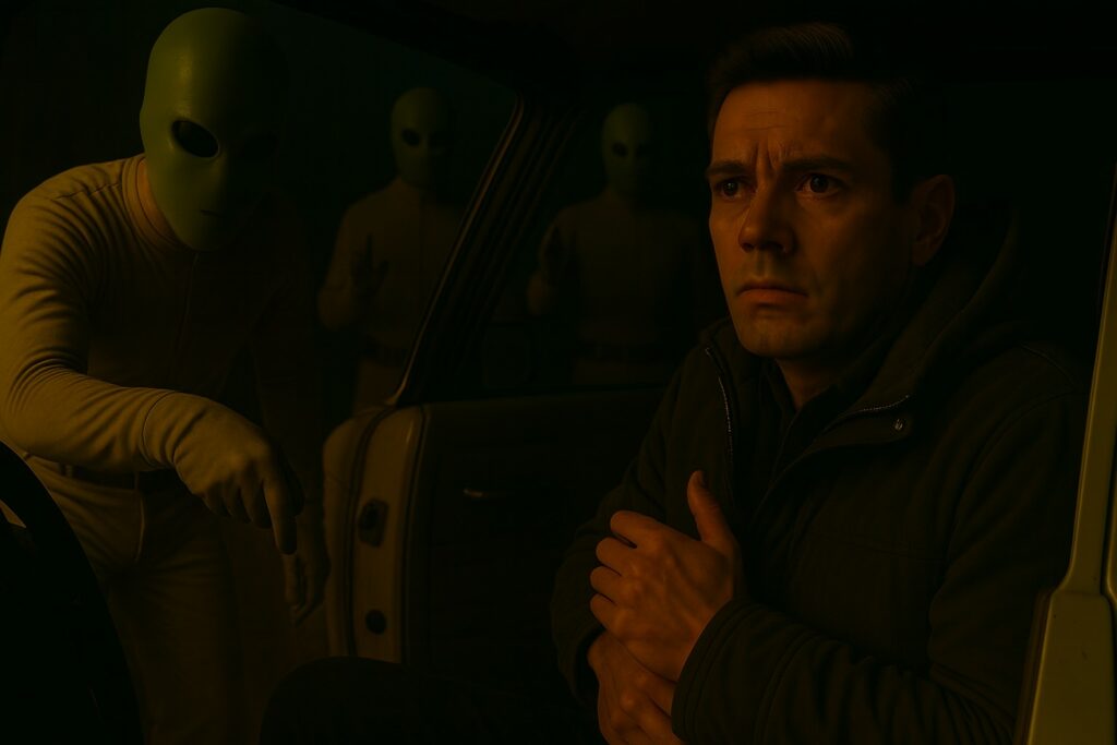 Illustration générée par IA, Lloyd Zirbes a été visé par un des extraterrestres Pléiadiens d'Alcyone avec un instrument qui l'a engourdi, et viens lui parler pour le rassurer : ils ne vont pas lui faire de mal.