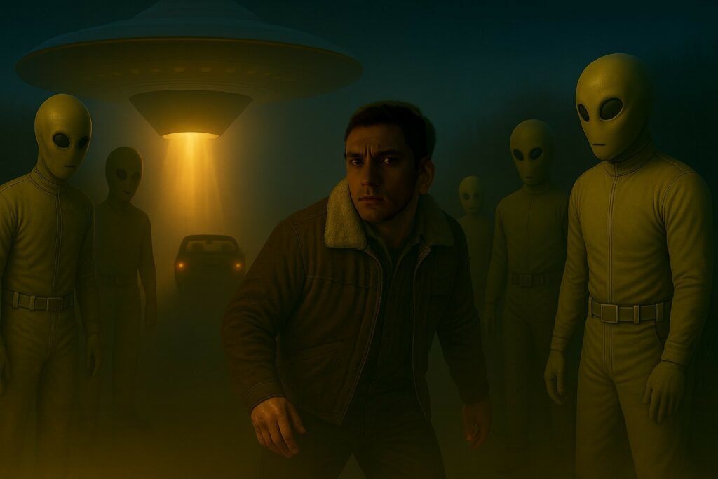 Illustration générée par IA, Lloyd Zirbes est emmené par les extraterrestres Pléiadiens d'Alcyone hors de la voiture, et il voit un engin volant derrière lui, près de la voiture, avec une base en forme de cône, d'où provient la lumière qu'il voyait auparavant dans les marais : l'engin s'est élevé dans le ciel.