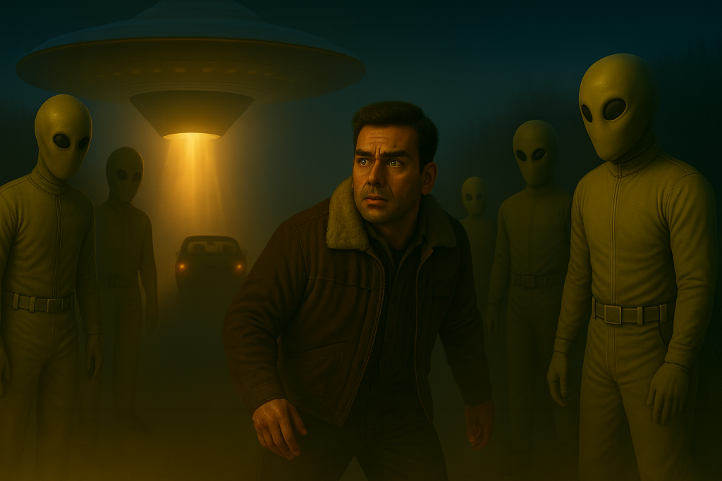 Illustration générée par IA, Lloyd Zirbes est emmené par les extraterrestres Pléiadiens d'Alcyone hors de la voiture, et il voit un engin volant derrière lui, près de la voiture, avec une base en forme de cône, d'où provient la lumière qu'il voyait auparavant dans les marais : l'engin s'est élevé dans le ciel.