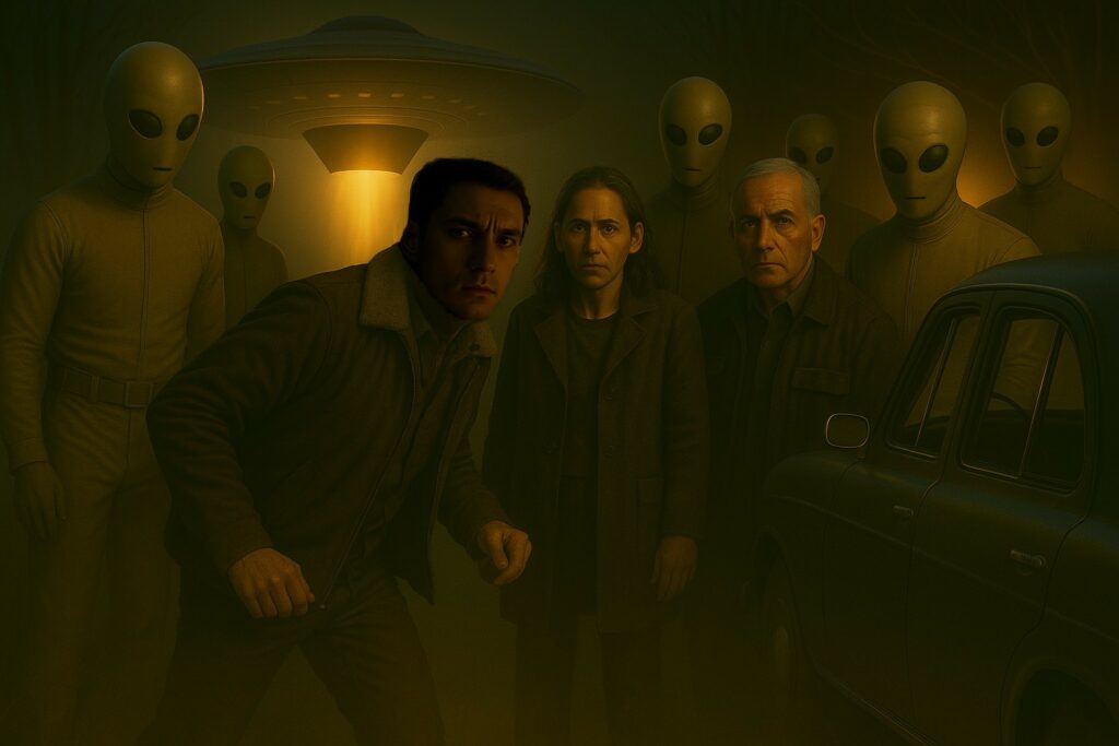 Illustration générée par IA, Lloyd Zirbes pense à s'échapper et immédiatement les Pléiadiens d'Alcyone l'encerclent pour l'en empêcher, comme si ils avaient lu sa pensée.