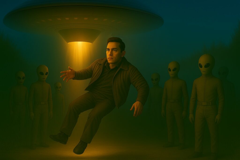 Illustration générée par IA, Lloyd Zirbes entre dans le vaisseau spatial des extraterrestres Pléiadiens d'Alcyone, avec eux.