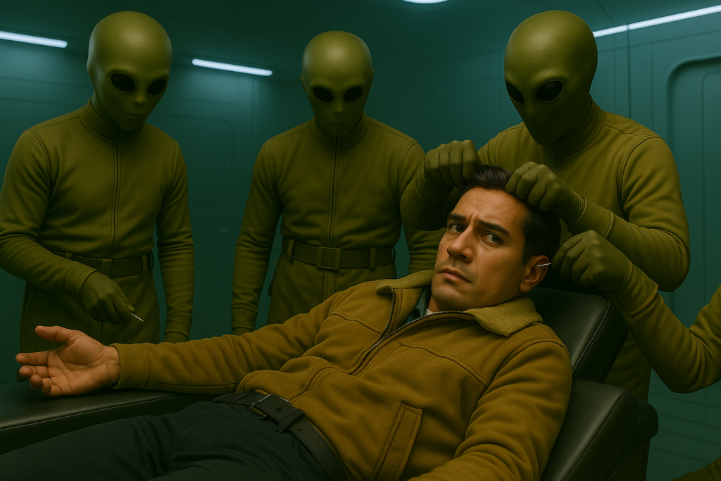 Illustration générée par IA, Lloyd Zirbes subit des prélèvements par les extraterrestres Pléiadiens d'Alcyone dans le vaisseau, allongé sur une table d'examen médical.