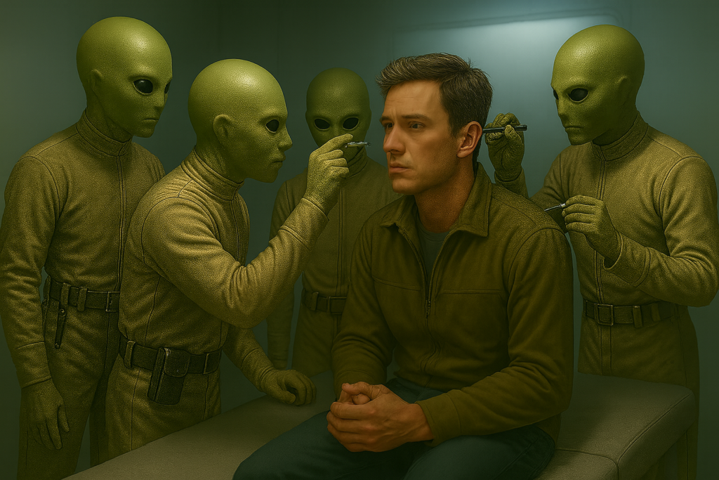 Illustration générée par IA, Lloyd Zirbes voit que les Pléiadiens d'Alcyone lui font quelque chose au nez et introduisent quelque chose dans l'oreille ensuite (implant ?)