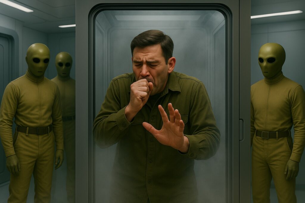 Illustration générée par IA, Lloyd Zirbes a dû passer dans une sorte de cage en verre où il a été forcé de respirer une sorte de brouillard gazeux qui l'étouffait.