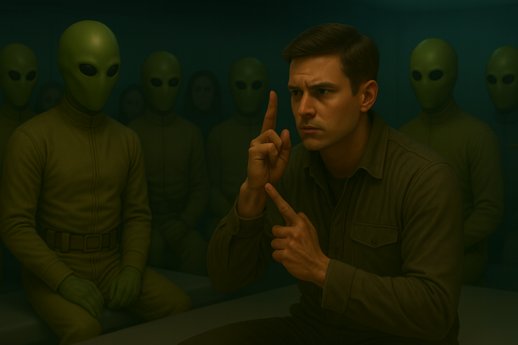 Illustration générée par IA, Lloyd Zirbes fait un signe de croix pour appeler Dieu à repousser ces extraterrestres Pléiadiens d'Alcyone qui sont pour lui mauvais.