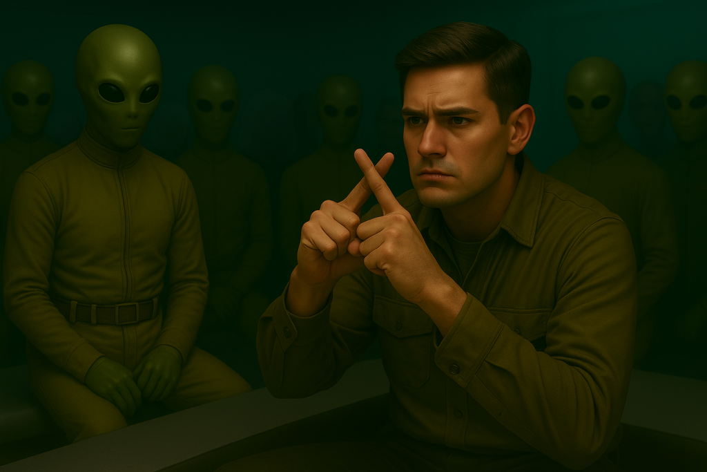 Illustration générée par IA, Lloyd Zirbes fait un signe de croix pour appeler Dieu à repousser ces extraterrestres Pléiadiens d'Alcyone qui sont pour lui mauvais.