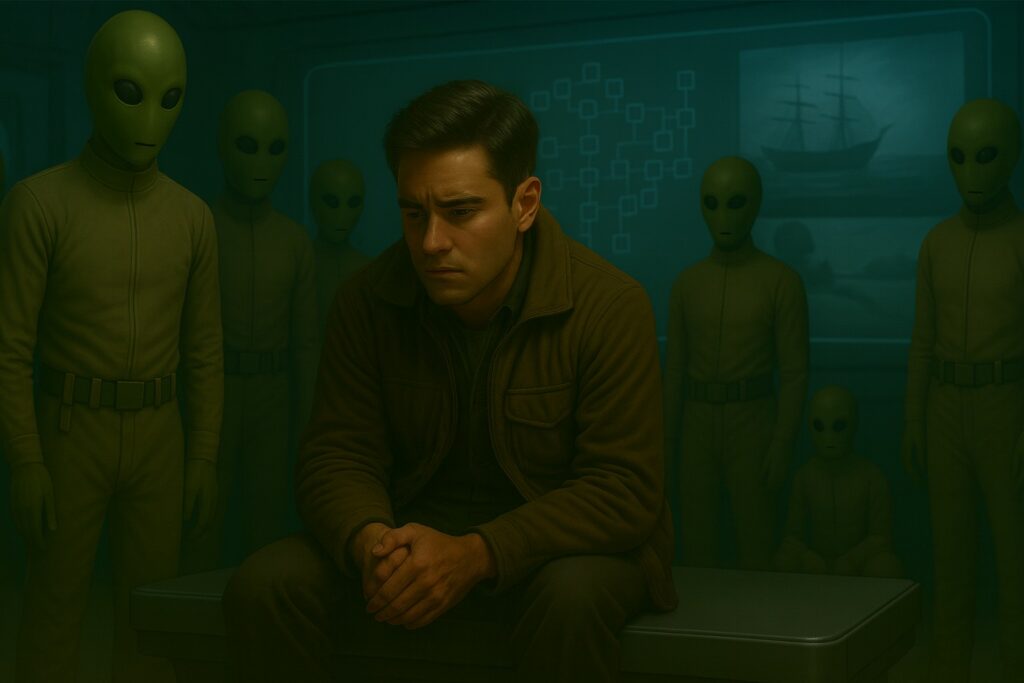 Illustration générée par IA, Lloyd Zirbes voit des images provenant de son passé sur un écran géant, les informations sont lues en lui par la technologie des extraterrestres Pléiadiens d'Alcyone.