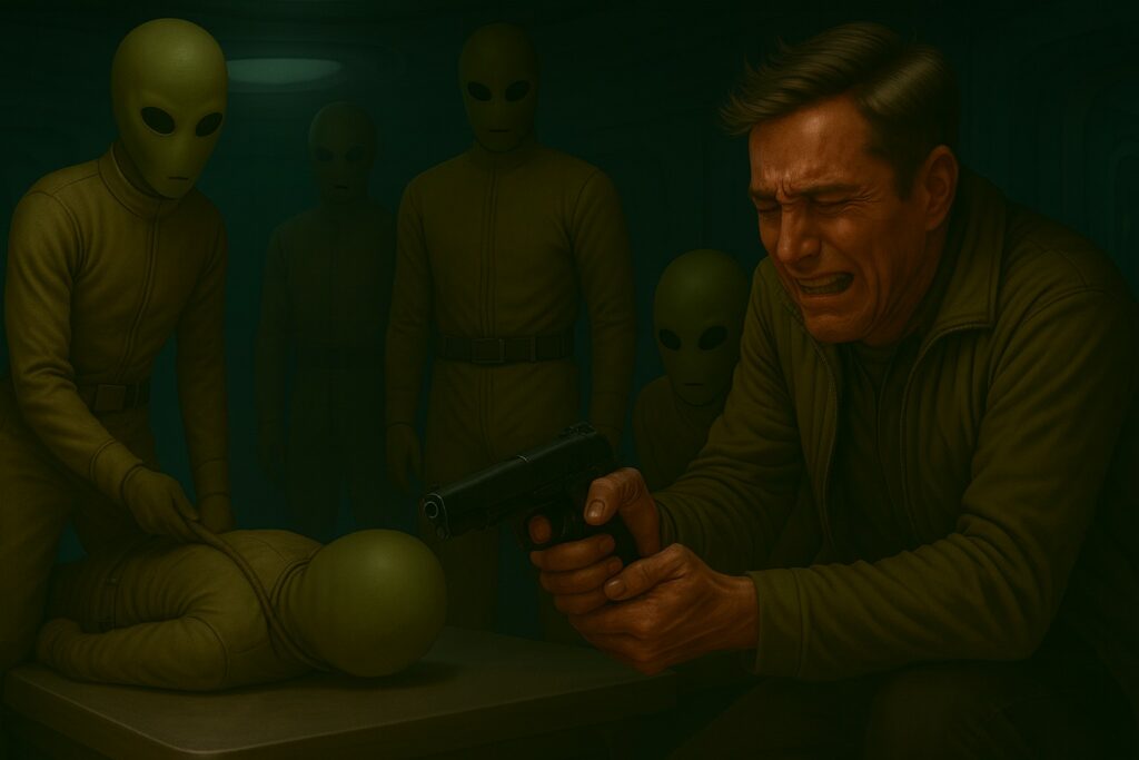 Illustration générée par IA, les extraterrestres Pléiadiens d'Alcyone demandent à Lloyd Zirbes de tuer un des leurs qu'ils ont ligoté et qui est selon eux un criminel galactique qu'ils n'ont pas le droit de tuer eux-même. C'est un test psychologique cruel pour voir ce qu'il fera sous un ordre fort car ils lui disent qu'ils le tueront si il refuse d'obéir.