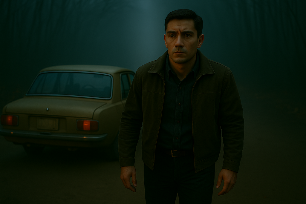 Illustration générée par IA, Lloyd Zirbes a été ramené à sa voiture par les extraterrestres d'Alcyone.