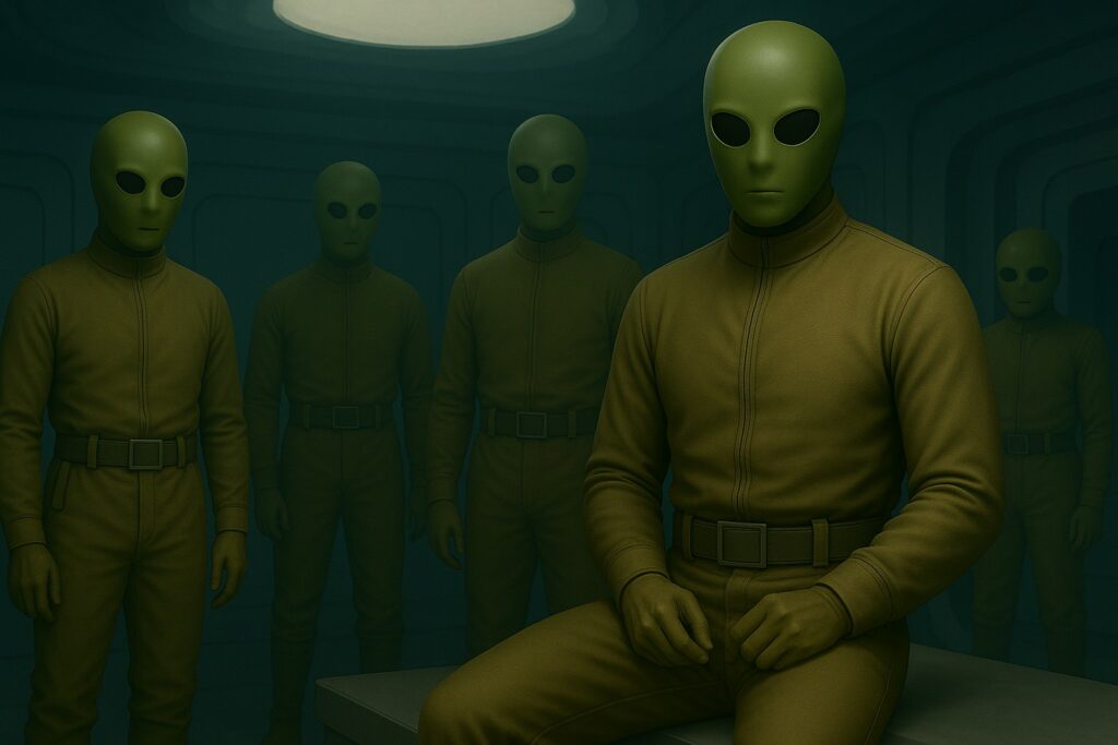 Illustration générée par IA, apparence des extraterrestres Pléiadiens d'Alcyone qui masquaient leur visage avec un masque facial vert car leur apparence aurait terrorisé Lloyd Zirbes selon leurs dires.