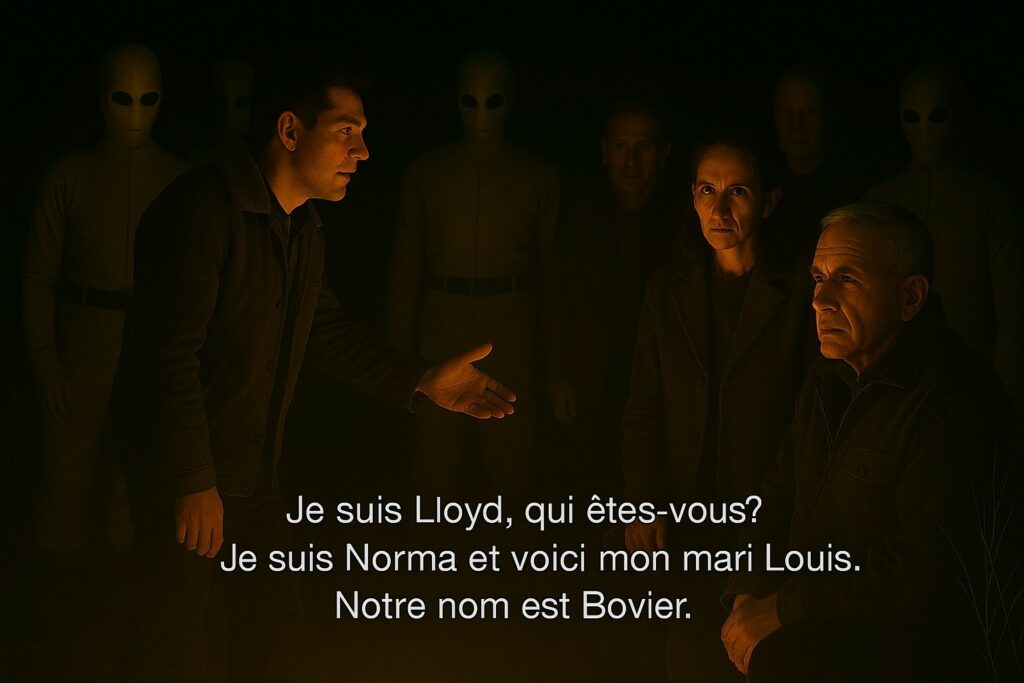 Illustration générée par IA, Lloyd Zirbes discute avec Norma, une femme debout derrière la voiture avec son mari, piégés eux aussi par les êtres extraterrestres Pléiadiens d'Alcyone.