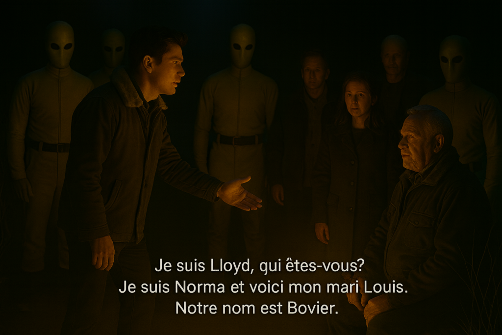 Illustration générée par IA, Lloyd Zirbes discute avec Norma, une femme debout derrière la voiture avec son mari, piégés eux aussi par les êtres extraterrestres Pléiadiens d'Alcyone.