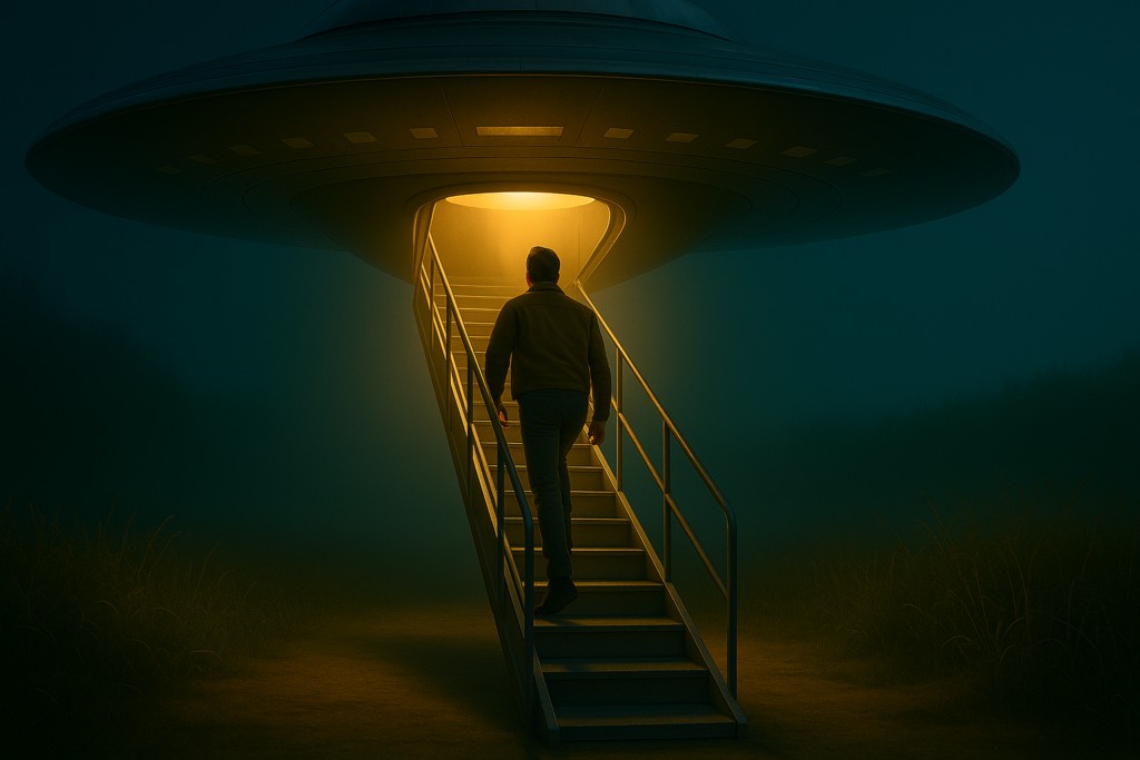 Illustration générée par IA, Lloyd Zirbes monte volontairement dans le vaisseau par une rampe d'accès, à un deuxième contact avec les extraterrestres d'Alcyone.