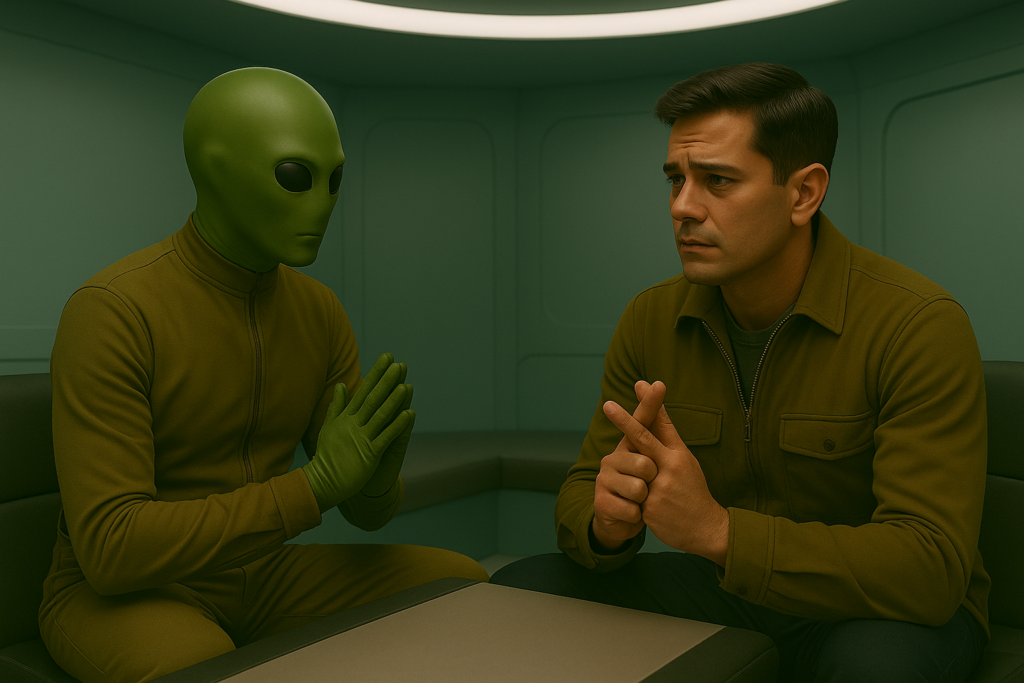 Illustration générée par IA, Lloyd Zirbes discute avec Michael dans le vaisseau des extraterrestres d'Alcyone.