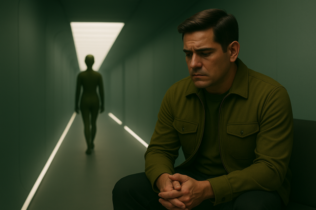 Illustration générée par IA, Lloyd Zirbes après une relation intime froide avec une femme du vaisseau d'Alcyone, visant à récolter du matériel génétique de manière douce.