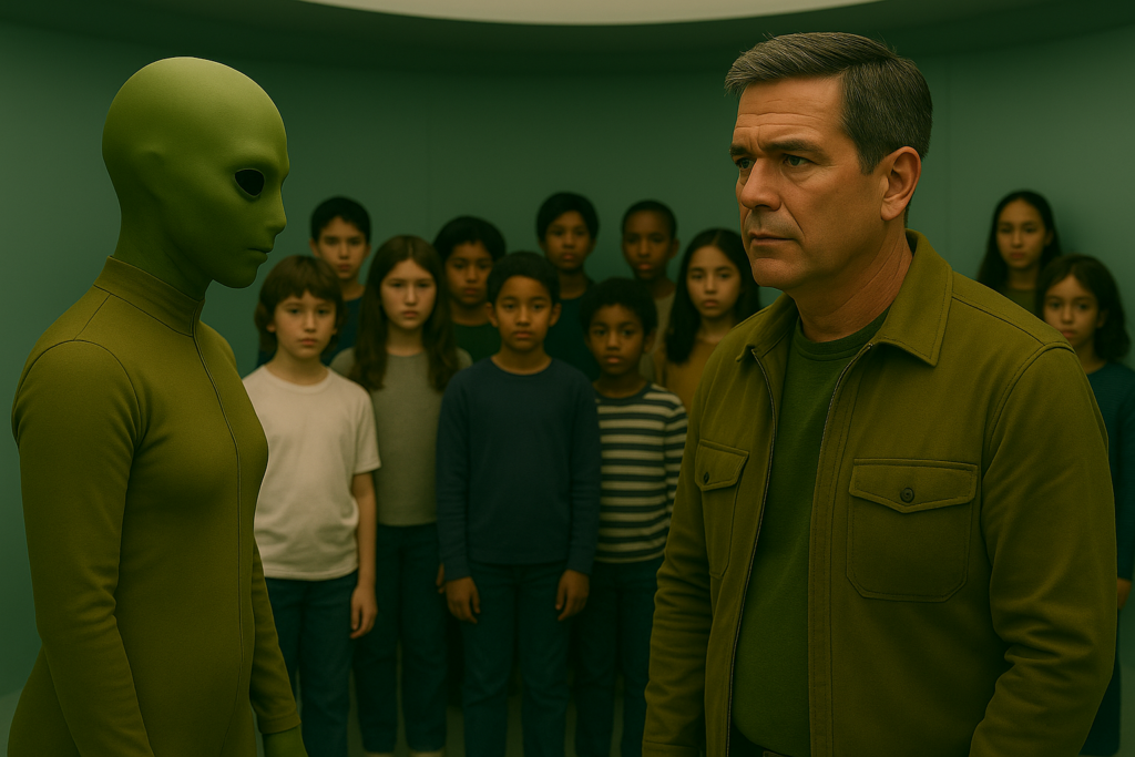 Illustration générée par IA, Lloyd Zirbes est présenté en 1974 à un ensemble d'enfants humains issus des prélèvements effectués auprès de terriens après manipulation du génome.