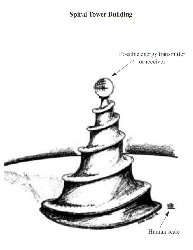 Vue d’un bâtiment en forme de spirale sur Haven avec l’échelle d’une personne à côté. La boule au sommet est probablement un transmetteur ou un récepteur d’énergie.