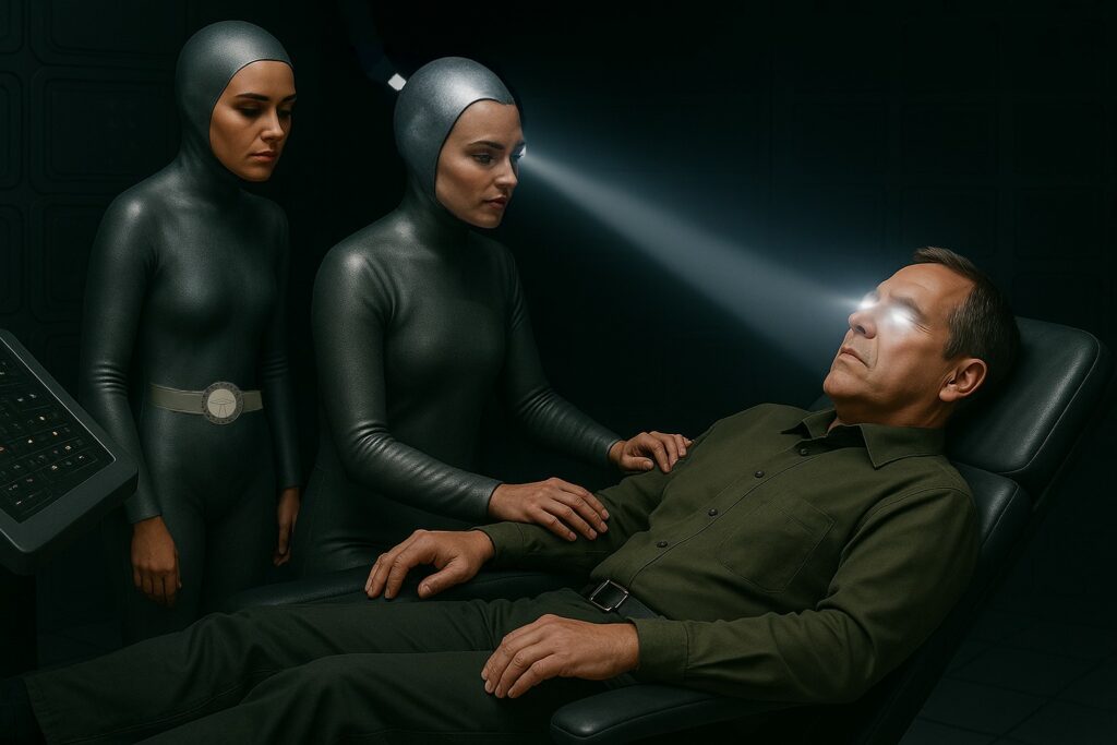 Illustration fictive de John sur le siège inclinable avec les deux femmes de Janos en train de l'examiner.