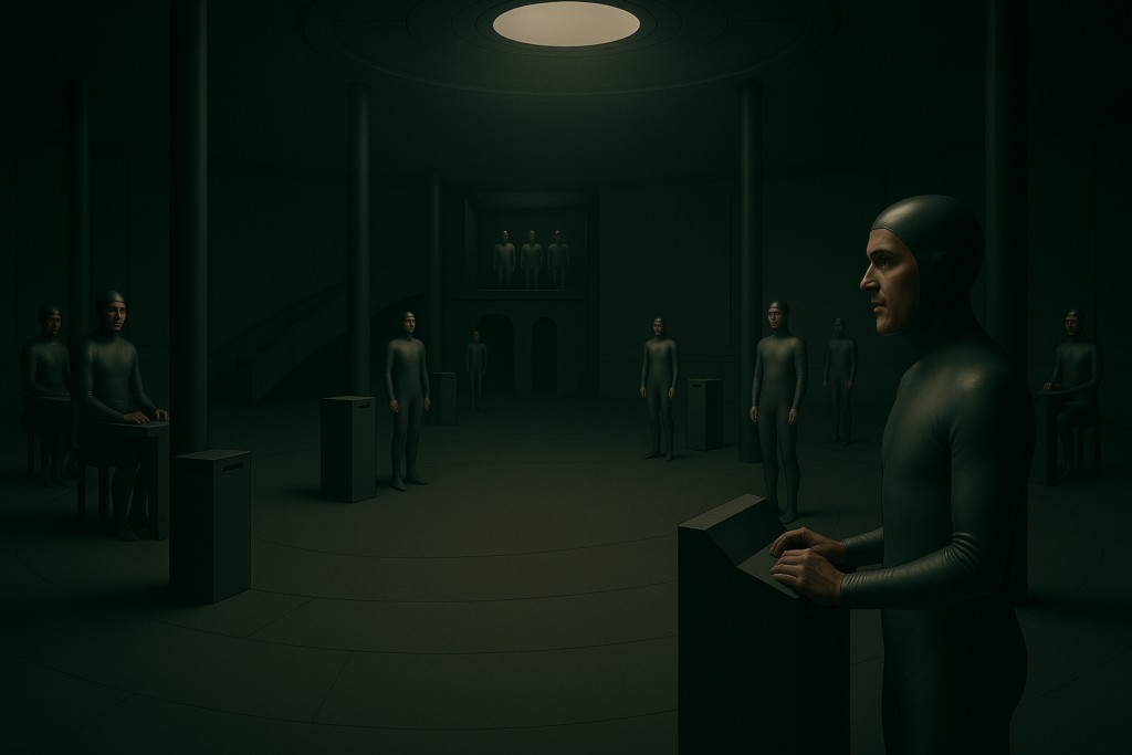 Image fictive par IA illustrant la salle dessinée ci-dessus, salle d'arrivée des témoins qui est aussi la partie basse de la salle de propulsion.