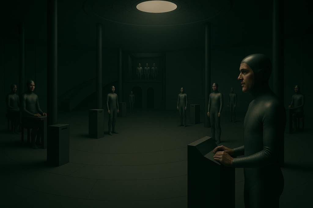 Image fictive par IA illustrant la salle dessinée ci-dessus, salle d'arrivée des témoins qui est aussi la partie basse de la salle de propulsion.