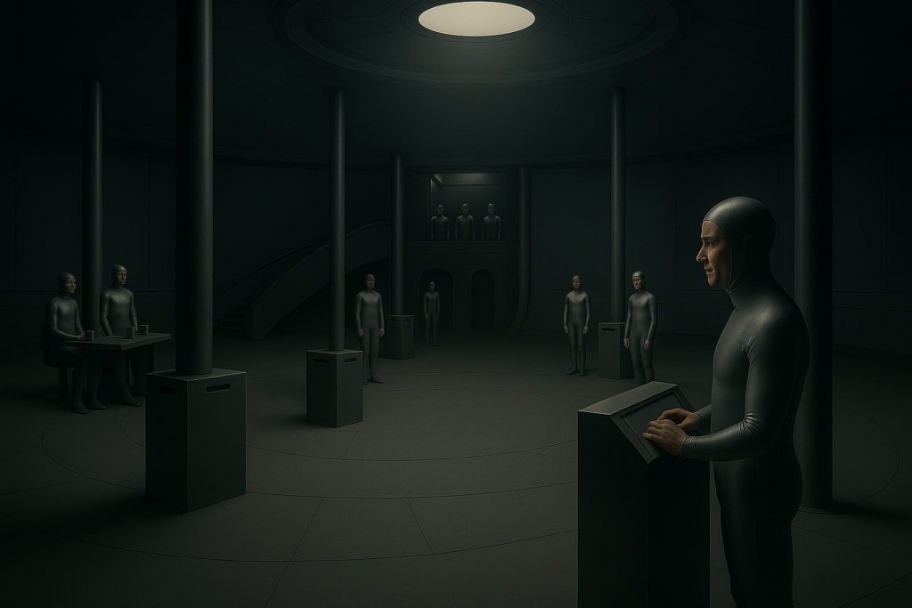 Image fictive par IA illustrant la salle dessinée ci-dessus, salle d'arrivée des témoins qui est aussi la partie basse de la salle de propulsion.