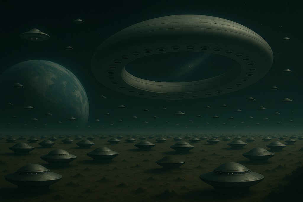 Image fictive par IA illustrative du vaisseau-mère et de centaines de vaisseaux transporteurs de petite taille en orbite autour de Janos et sur son deuxième satellite naturel non explosé.