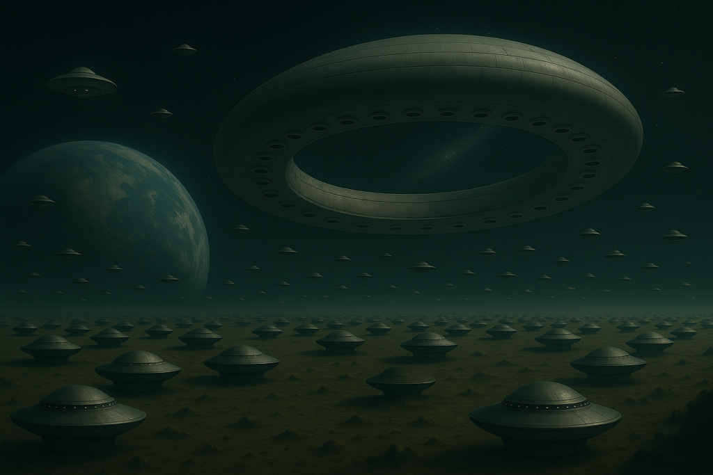 Image fictive par IA illustrative du vaisseau-mère et de centaines de vaisseaux transporteurs de petite taille en orbite autour de Janos et sur son deuxième satellite naturel non explosé.