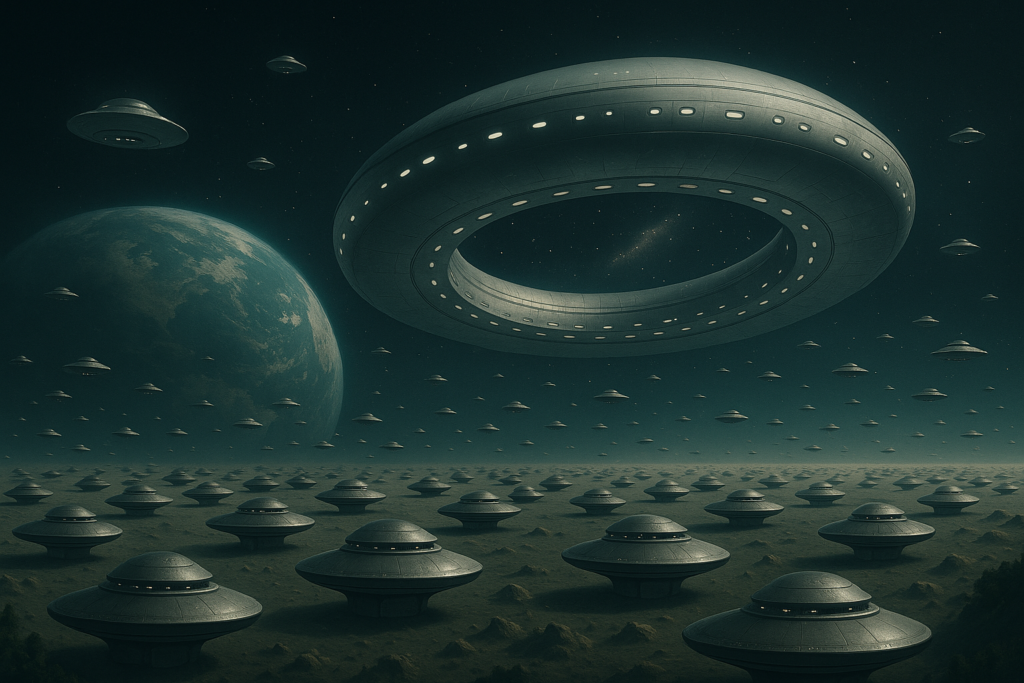 Image fictive par IA illustrative du vaisseau-mère et de centaines de vaisseaux transporteurs de petite taille en orbite autour de Janos et sur son deuxième satellite naturel non explosé.