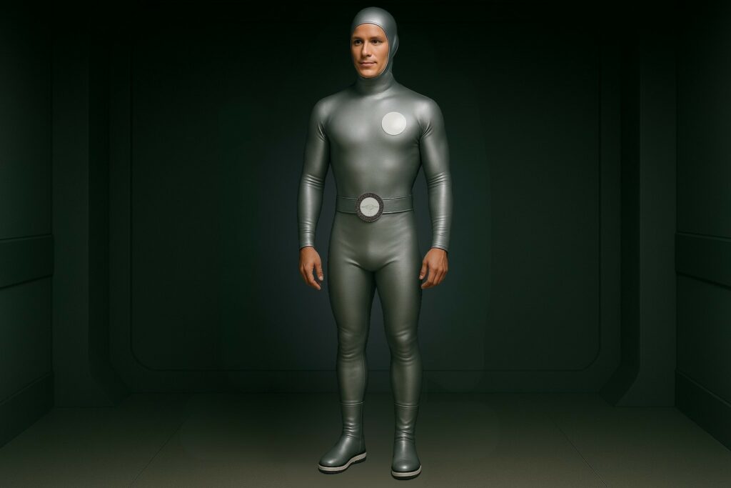 Image fictive par IA illustrant un Officier Janosien avec son disque blanc sur la poitrine. Ici aussi avec le ceinturon avec emblème de la soucoupe, ce qui n'était pas le cas pour les officiers supérieurs semble-t-il.