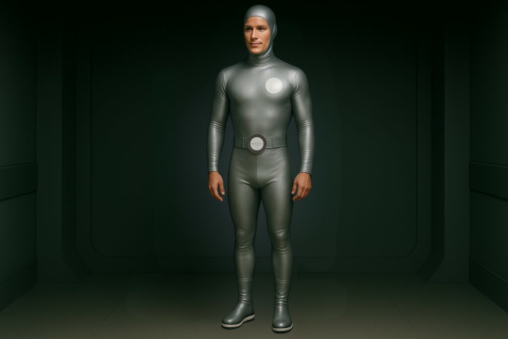 Image fictive par IA illustrant un Officier Janosien avec son disque blanc sur la poitrine. Ici aussi avec le ceinturon avec emblème de la soucoupe, ce qui n'était pas le cas pour les officiers supérieurs semble-t-il.