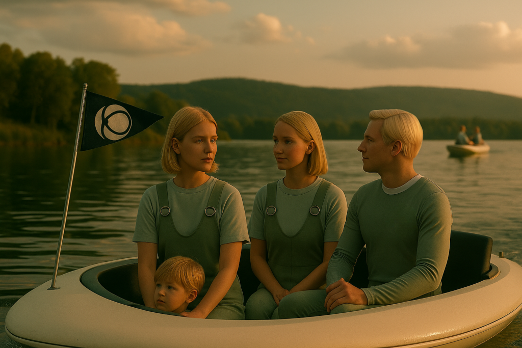 Image fictive par IA d'un bateau du type décrit par les témoins avec le fanion Janosien accroché dessus.