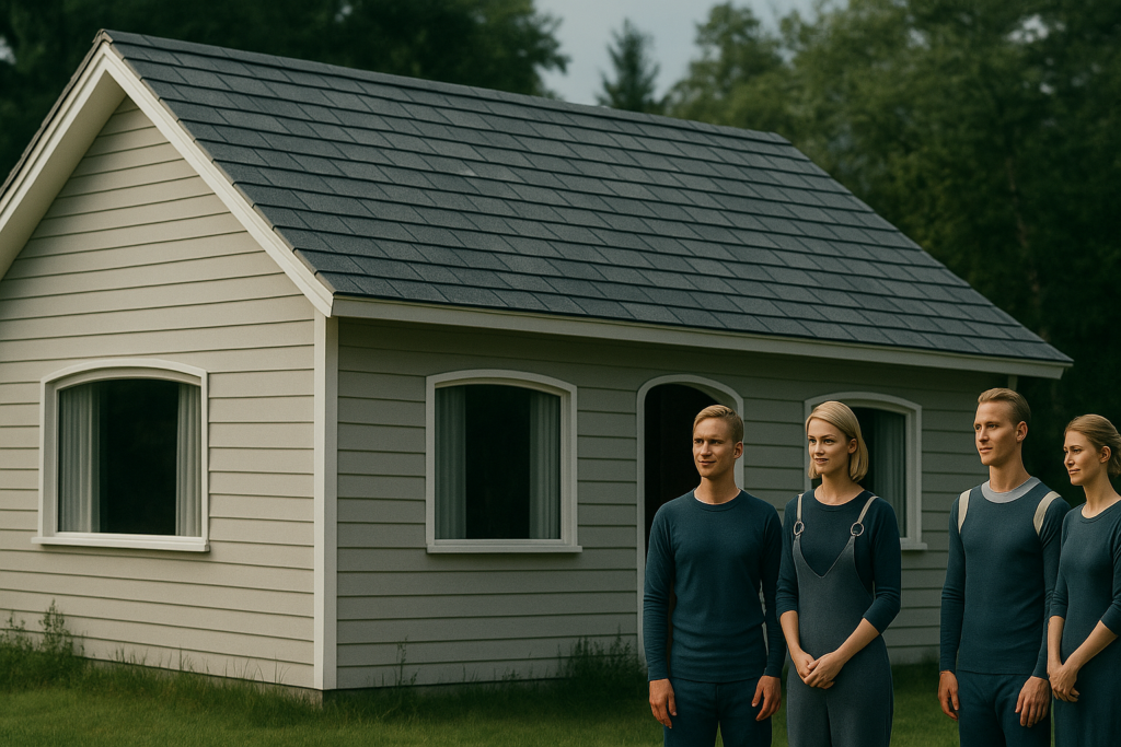 Illustration fictive par IA illustrant une maison sur Janos conforme au dessin des témoins.