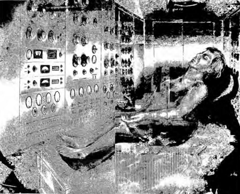 Dessin d’usage de la chaise de Montauk, d'après livre de Nichols sur Montauk. La Chaise de Montauk utilisait des champs quantiques subtils pour lire les pensées d’une personne. Un médium s’allongeait sur la chaise, entrait en transe, et un ensemble de bobines captait les ondes émises. Une série de récepteurs radio, conçus à l’origine par Tesla, recueillait ces signaux et les numérisait, transformant ainsi la pensée en code informatique. La tour radar servait ensuite à matérialiser ces pensées dans la réalité. Cette chaise fut utilisée à de nombreuses fins, notamment pour ouvrir un vortex temporel. De nombreux jeunes du programme Montauk furent perdus lors des premiers essais de ce vortex temporel.