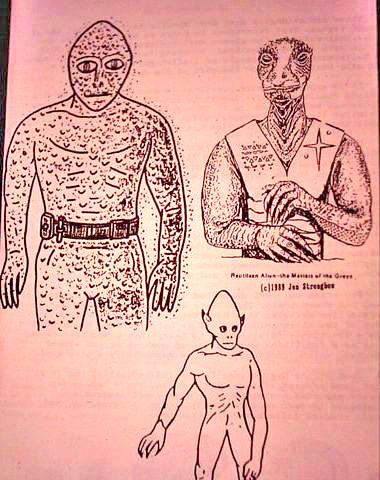 Reptiliens tels que vu par Stewart Swerdlow dans la base de Montauk et dessinés par lui.