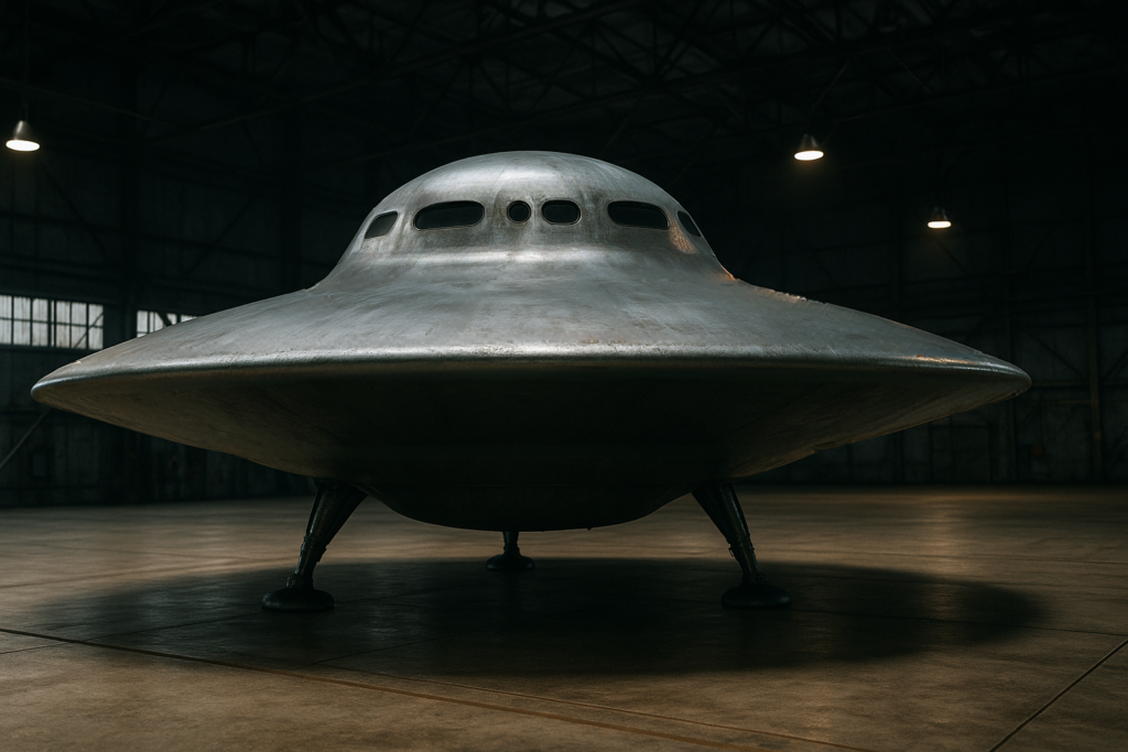 Image illustrative fictive de l’extérieur du vaisseau observé par Preston Nichols dans le hangar de l’Air Force.