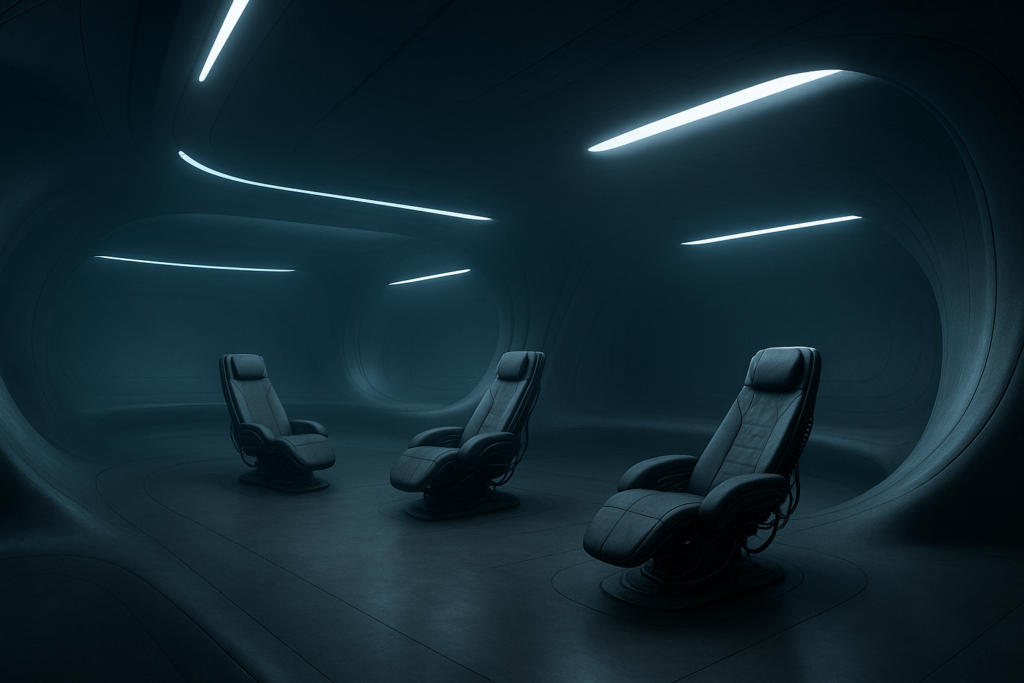 Image illustrative fictive de l’intérieur du poste de pilotage du vaisseau observé par Preston Nichols dans le hangar de l’Air Force.