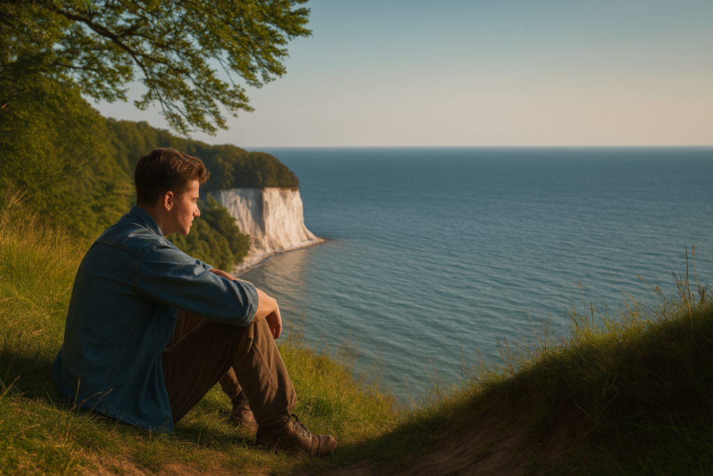Image illustrative d'Andreas assis dans sa "cachette secrète" donnant une vue magnifique dominant sur la mer.