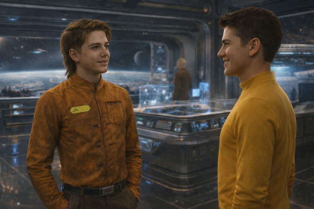 Image fictive de la rencontre de Andreas (à droite) avec Krotk (à gauche), apparence de Krotk selon dessin du livre.