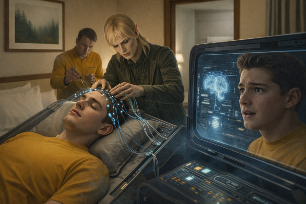 Illustration fictive d'un Chetene et son équipe, menant une expérience sur Andreas pendant son sommeil, qu'ils lui montreront sur un enregistrement ensuite.