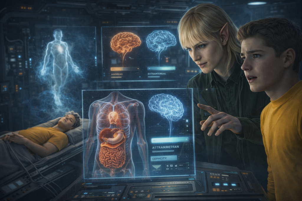 Image illustrative du Chetene montrant à Andreas le fonctionenment du cerveau et d'autres organes ainsi que leurs interactions, avec des dispositifs de visualisation en direct.