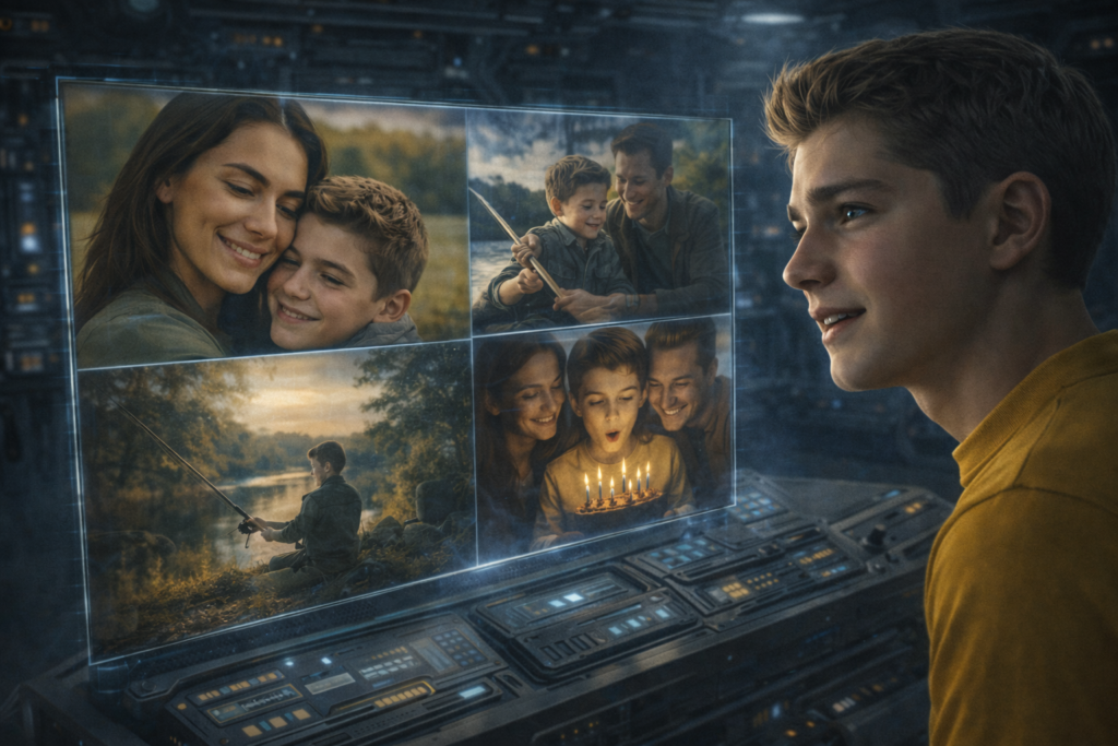 Image illustrative de la projection d'images du passé d'Andreas lues depuis son cerveau par le dispositif technologique du Chetene, et qui le replongent dans des souvrnirs vivants forts.