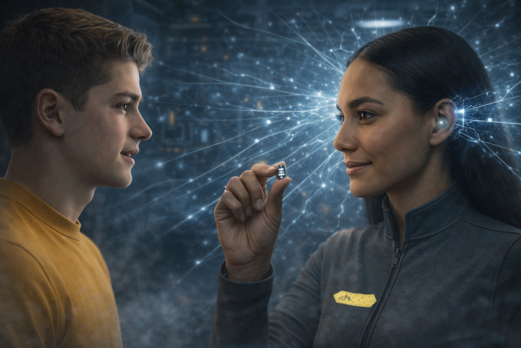 Illustration de Dagolo montrant le gadget technologique mis derrière son oreille qui démultiplie de manière énorme ses capacités psychiques et télépathiques lui permettant de pouvoir influencer directement Andreas afin de l'aider et le rassurer quand il en a besoin.