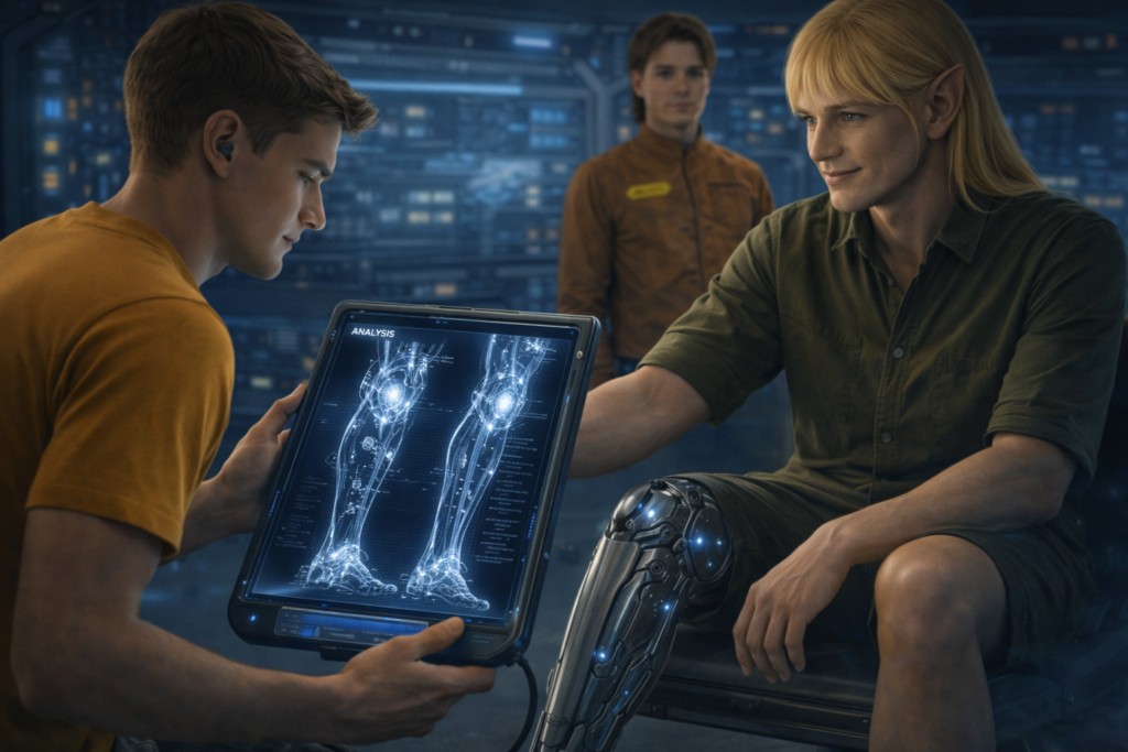 Illustration fictive d'Andreas voyant un membre artificiel de remplacement sur un Chetene qui a eu un accident.