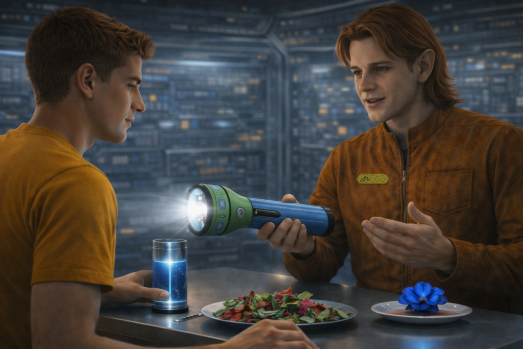 Image illustrative du moment où Krotk donne en cadeau la lampe torche spéciale à Andreas, dont le rayon de lumière peut s'arrêter net à une certaine distance par leur technologie, de façon réglable.