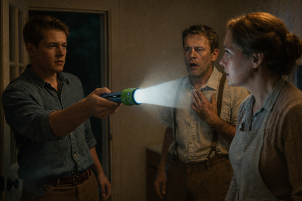 Illustration d'Andreas faisant démonstration de la lampe torche générant un faisceau de lumière tronqué pouvant être réglé en distance par des boutons, quelque chose qui n'existe pas sur Terre et a fait peur à son père.