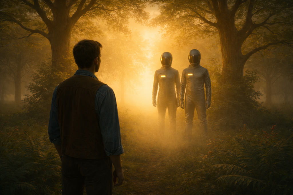 Image illustrative du rêve d'Andreas où il voit les deux êtres en combinaison spatiale argentée qui lui parlent.