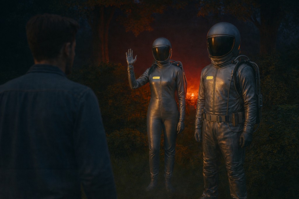 Image illustrative de la rencontre d'Andreas avec les deux êtres sortant de derrière les buissons entre les deux arbres comem dans son rêve.