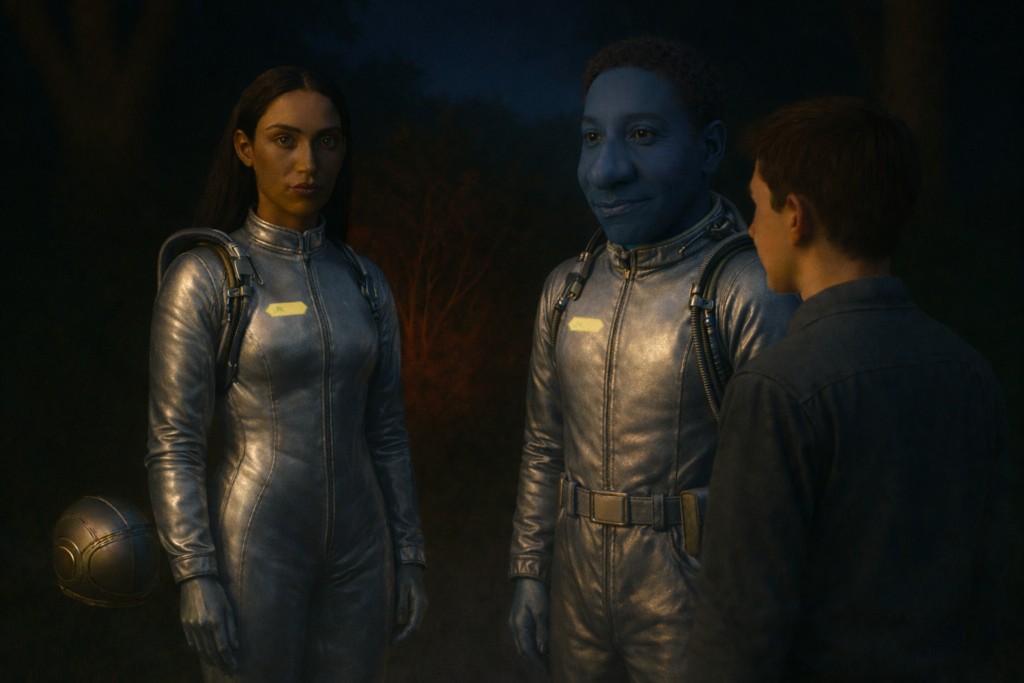 Image illustrative de Dagolo et l'homme à peau bleue du contact d'Andreas avec des scientifiques extraterrestres d'Aldebaran.