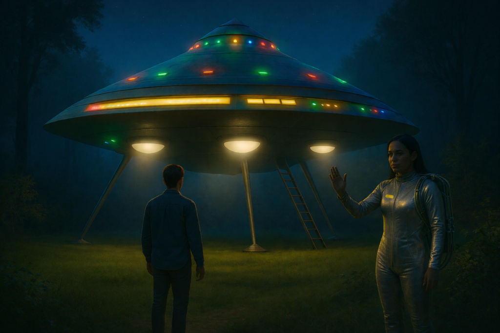 Illustration du vaisseau vu par Andreas avec l'échelle sur un côté et Dagolo qui le guide à monter dedans.