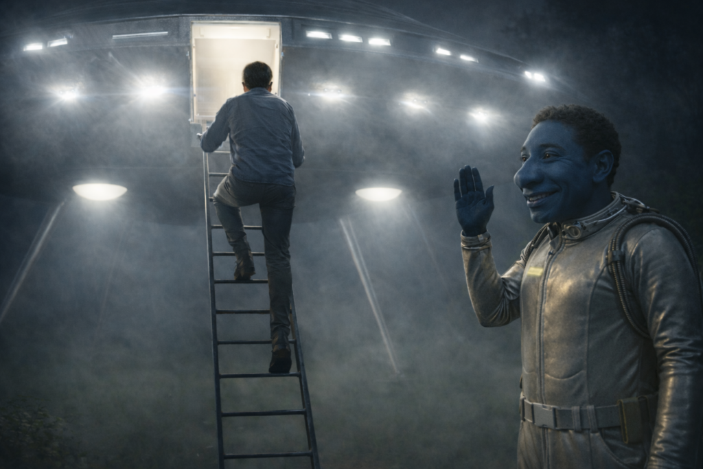 Illustration de la montée d'Andreas dans le vaisseau par l'échelle menant à un SAS, il suit Dagolo qui est montée d'abord.